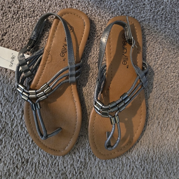 Silver and Tan Sandals with Criss-Cross Design - Picture 1 of 4
